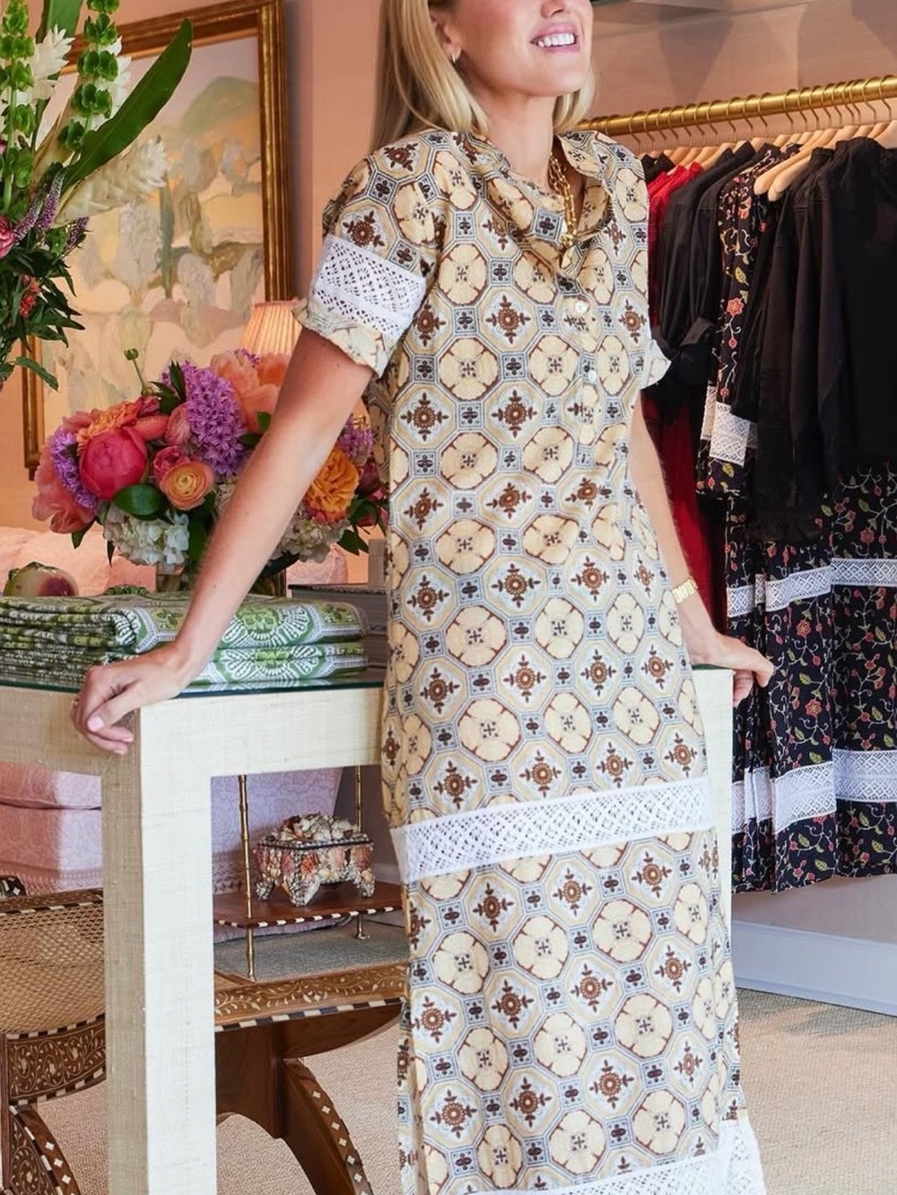 Tile-Print Maxi Dress in Beige with Lace Trim